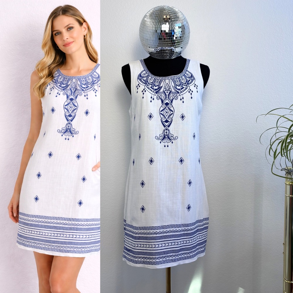 Soieblu Grecian Embroidered Cotton Linen Shift Mini Dress Size Small White Blue